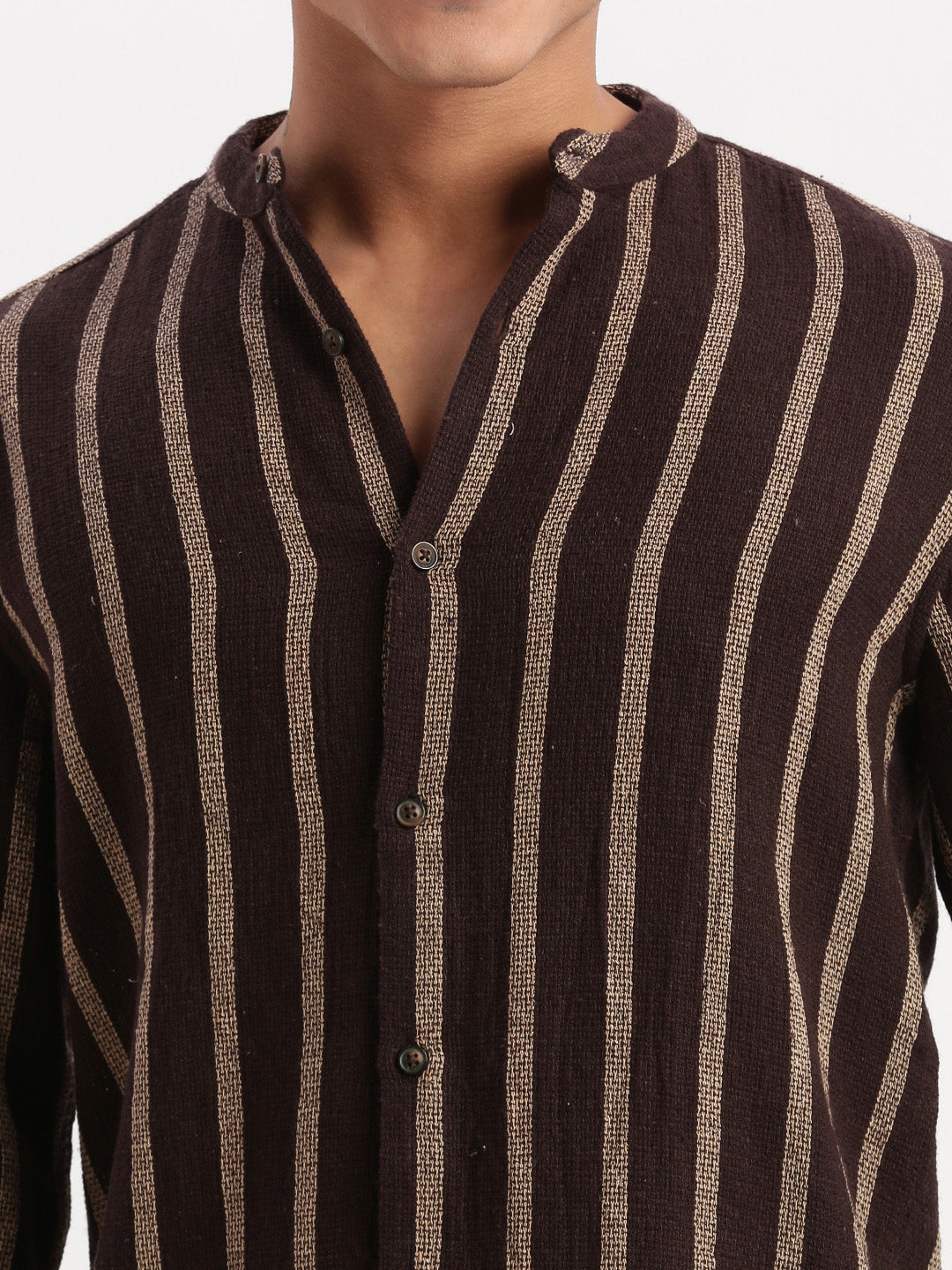 Men Mandarin Collar Vertical Stripes Brown Shirt