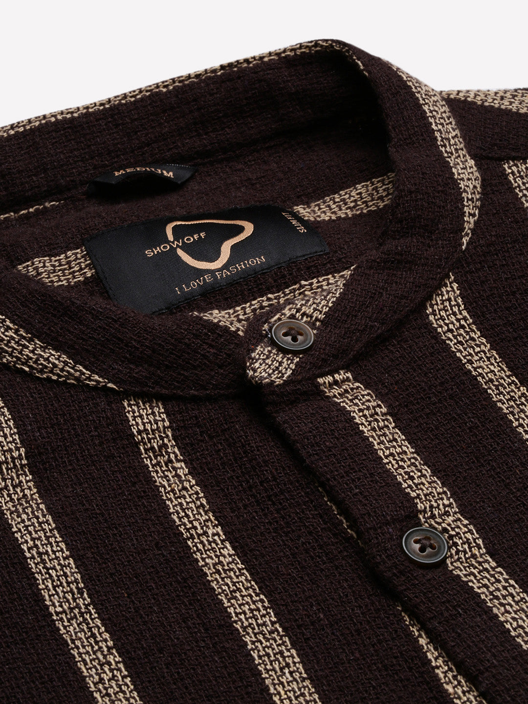 Men Mandarin Collar Vertical Stripes Brown Shirt