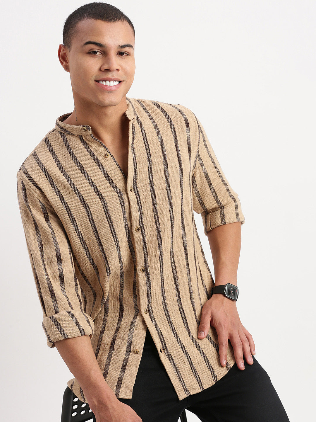 Men Mandarin Collar Vertical Stripes Beige Shirt