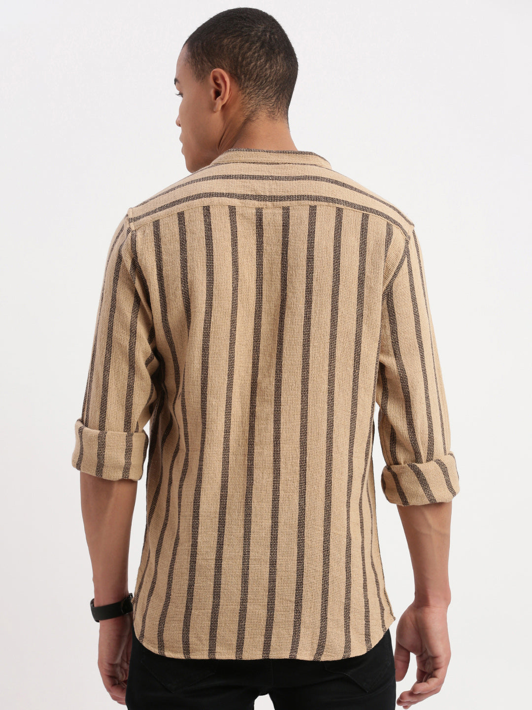 Men Mandarin Collar Vertical Stripes Beige Shirt