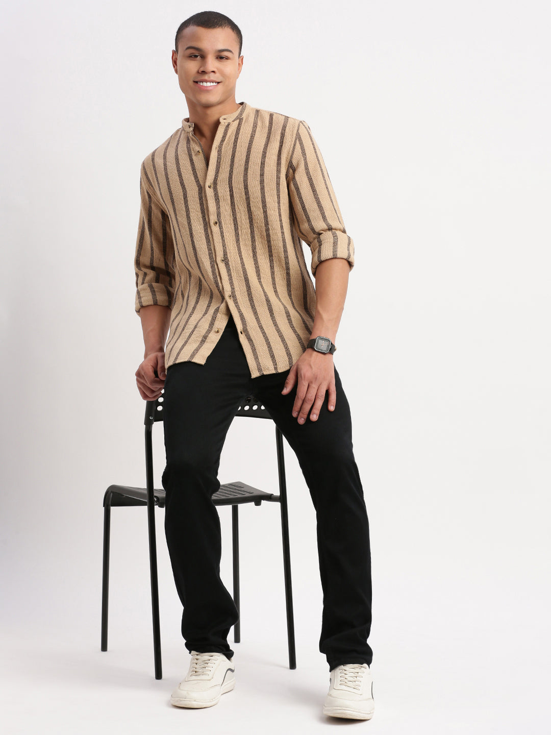 Men Mandarin Collar Vertical Stripes Beige Shirt