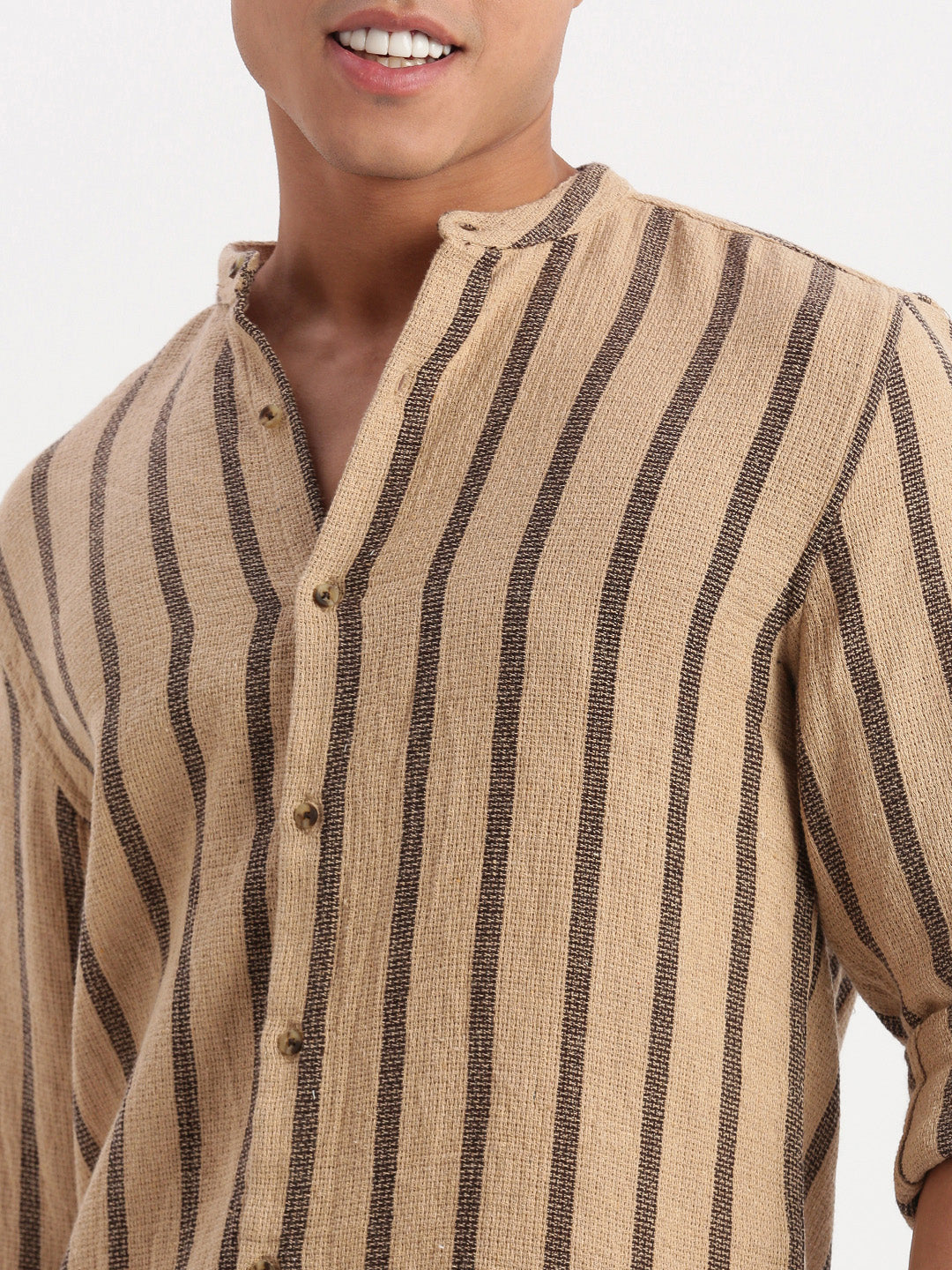 Men Mandarin Collar Vertical Stripes Beige Shirt