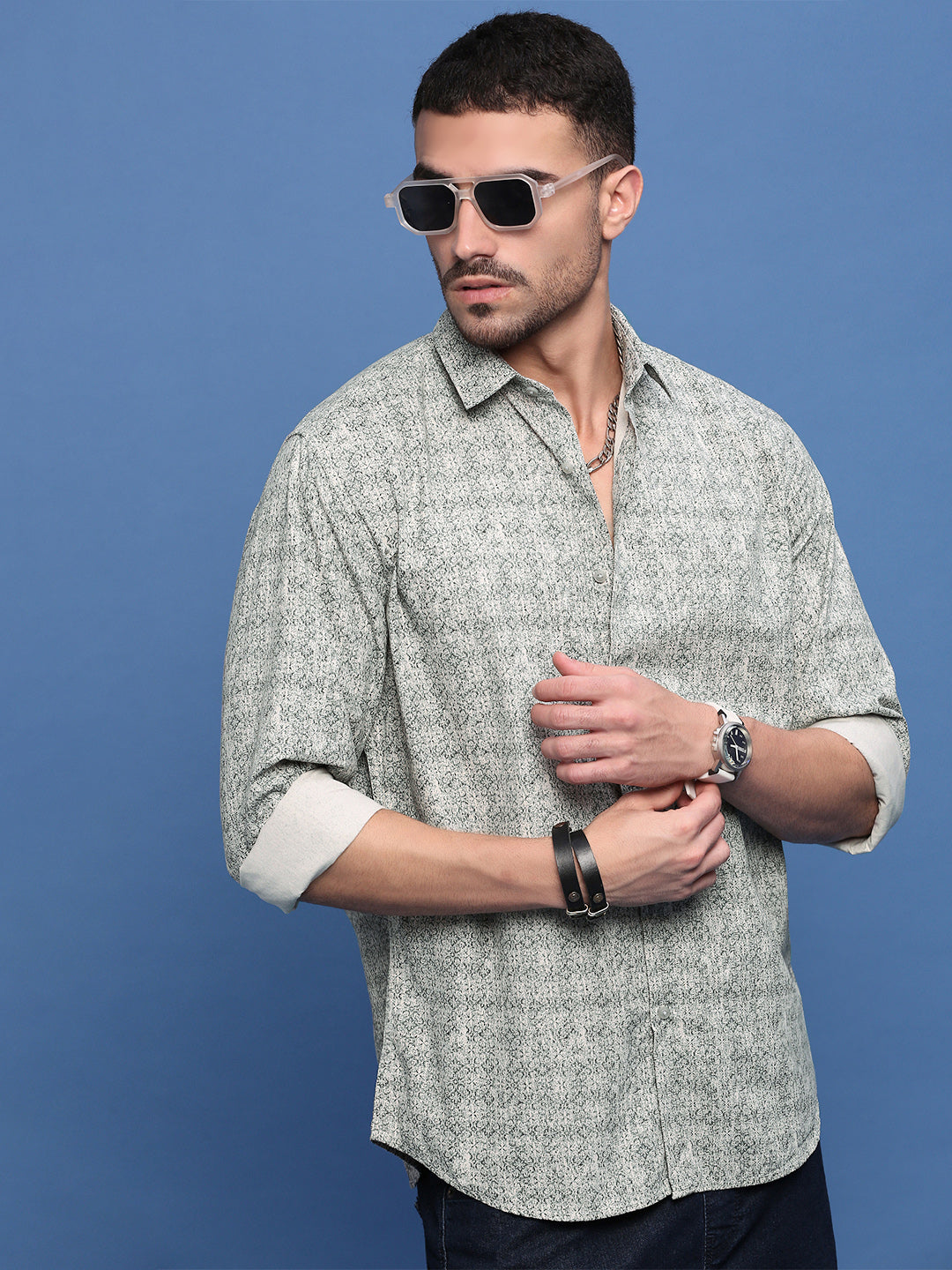 Men Olive Abstract Slim Fit Shirt