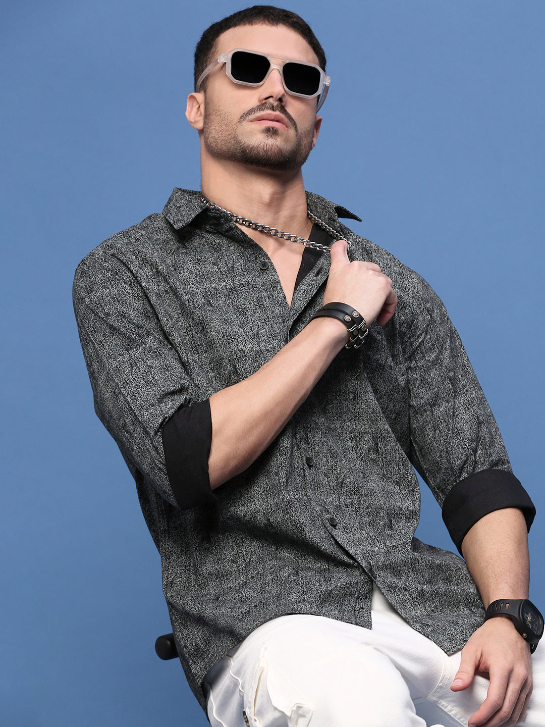 Men Black Abstract Slim Fit Shirt