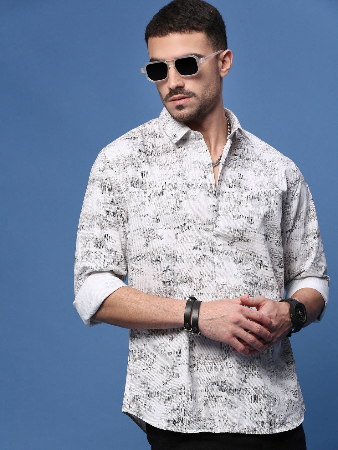 Men's White Abstract Slim Fit Shirt