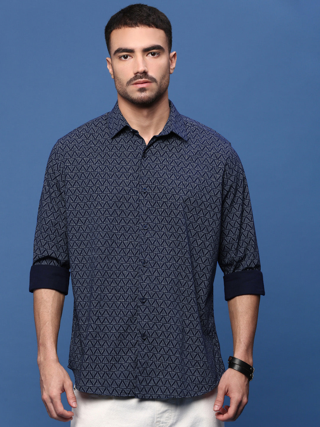 Men Navy Blue Geometric Slim Fit Shirt