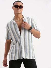 Men's Cuban Collar Vertical Stripes Cotton White Shirt