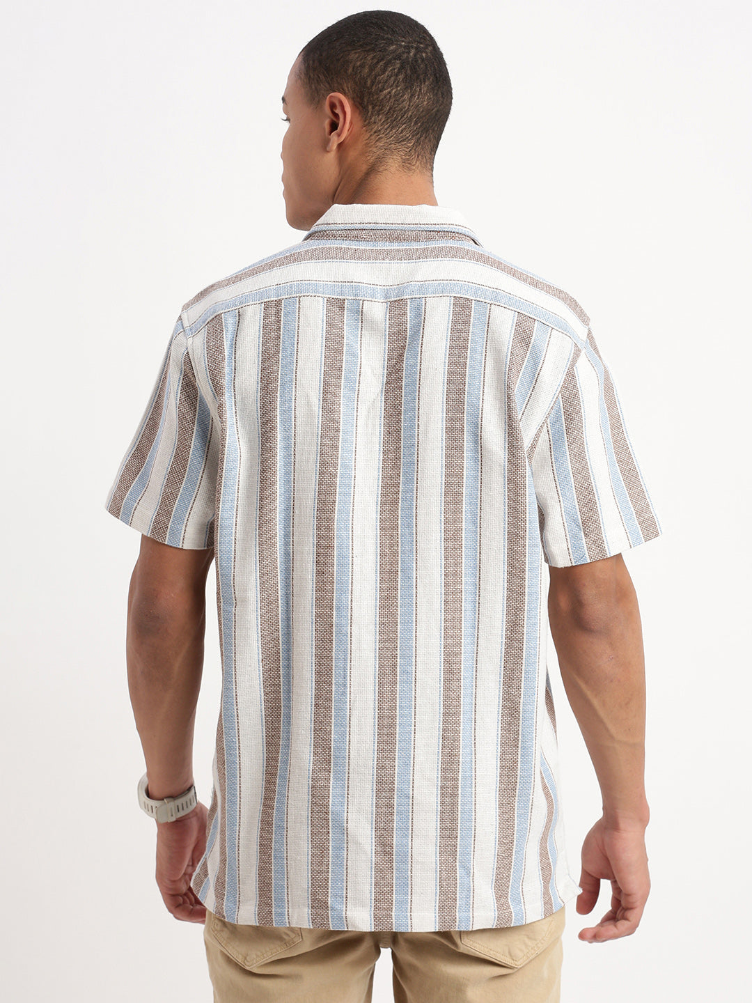 Men Cuban Collar Vertical Stripes White Shirt