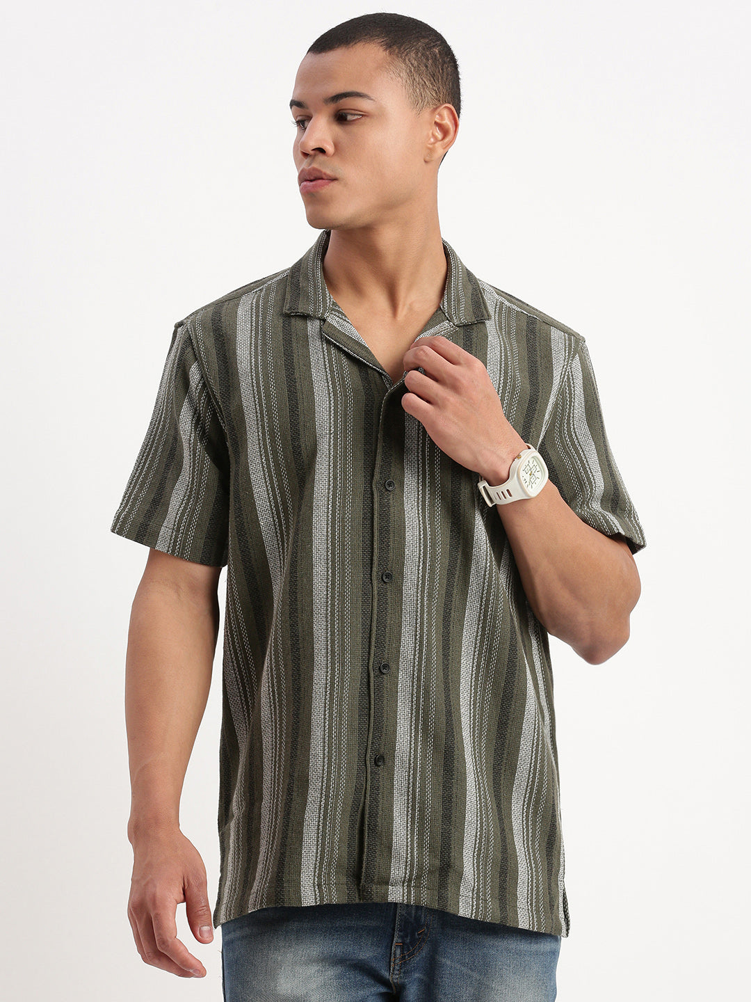 Men Cuban Collar Vertical Stripes Olive Shirt