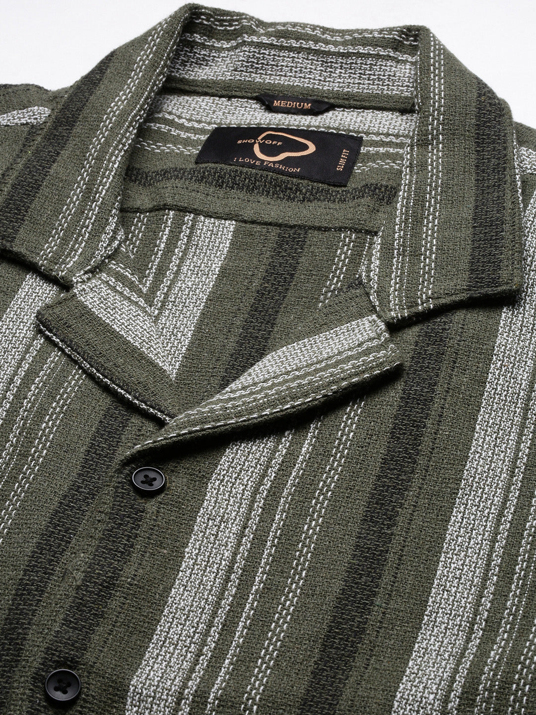 Men Cuban Collar Vertical Stripes Olive Shirt