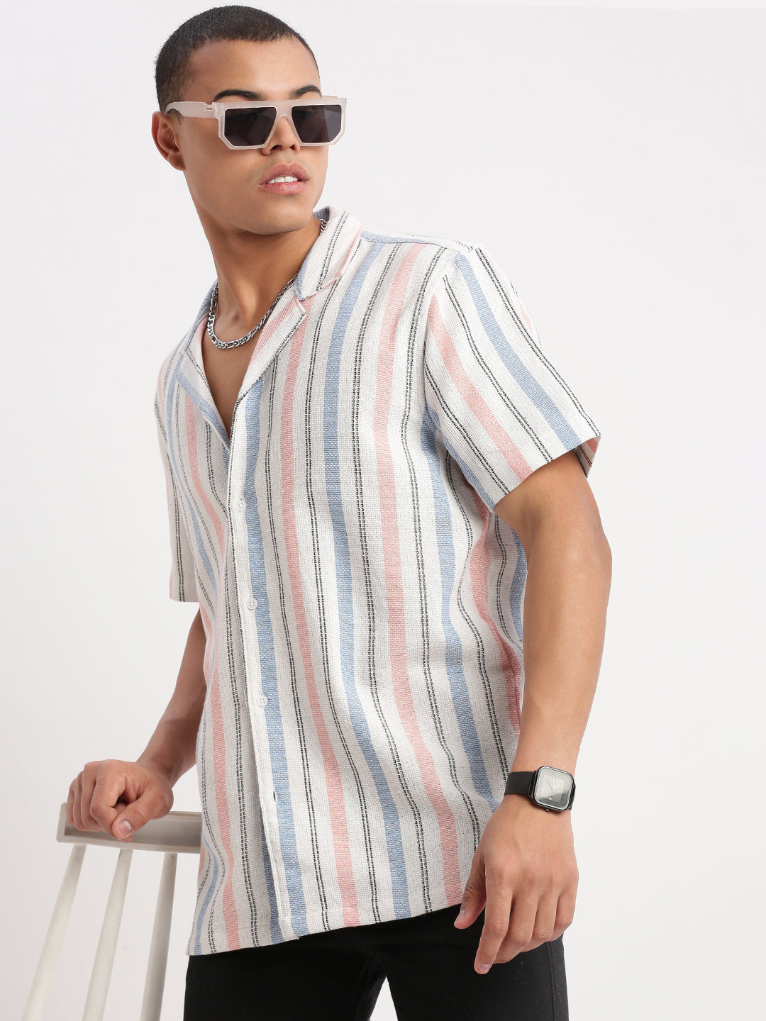 Men Cuban Collar Vertical Stripes White Shirt