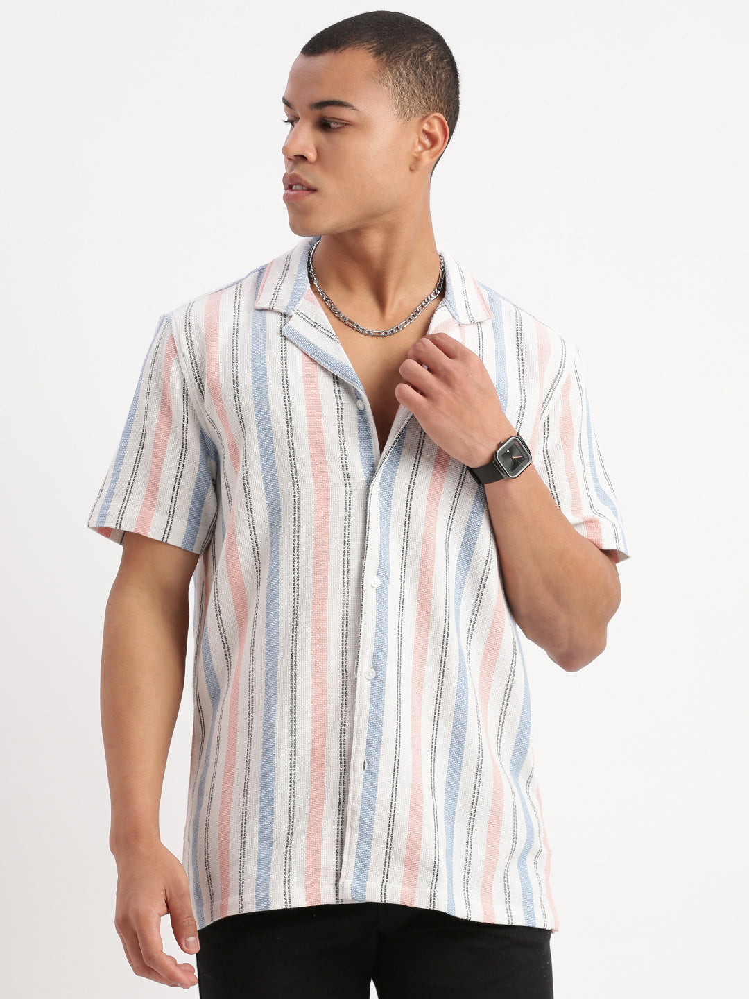 Men Cuban Collar Vertical Stripes White Shirt