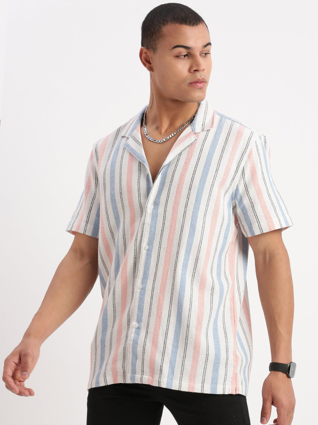 Men Cuban Collar Vertical Stripes White Shirt