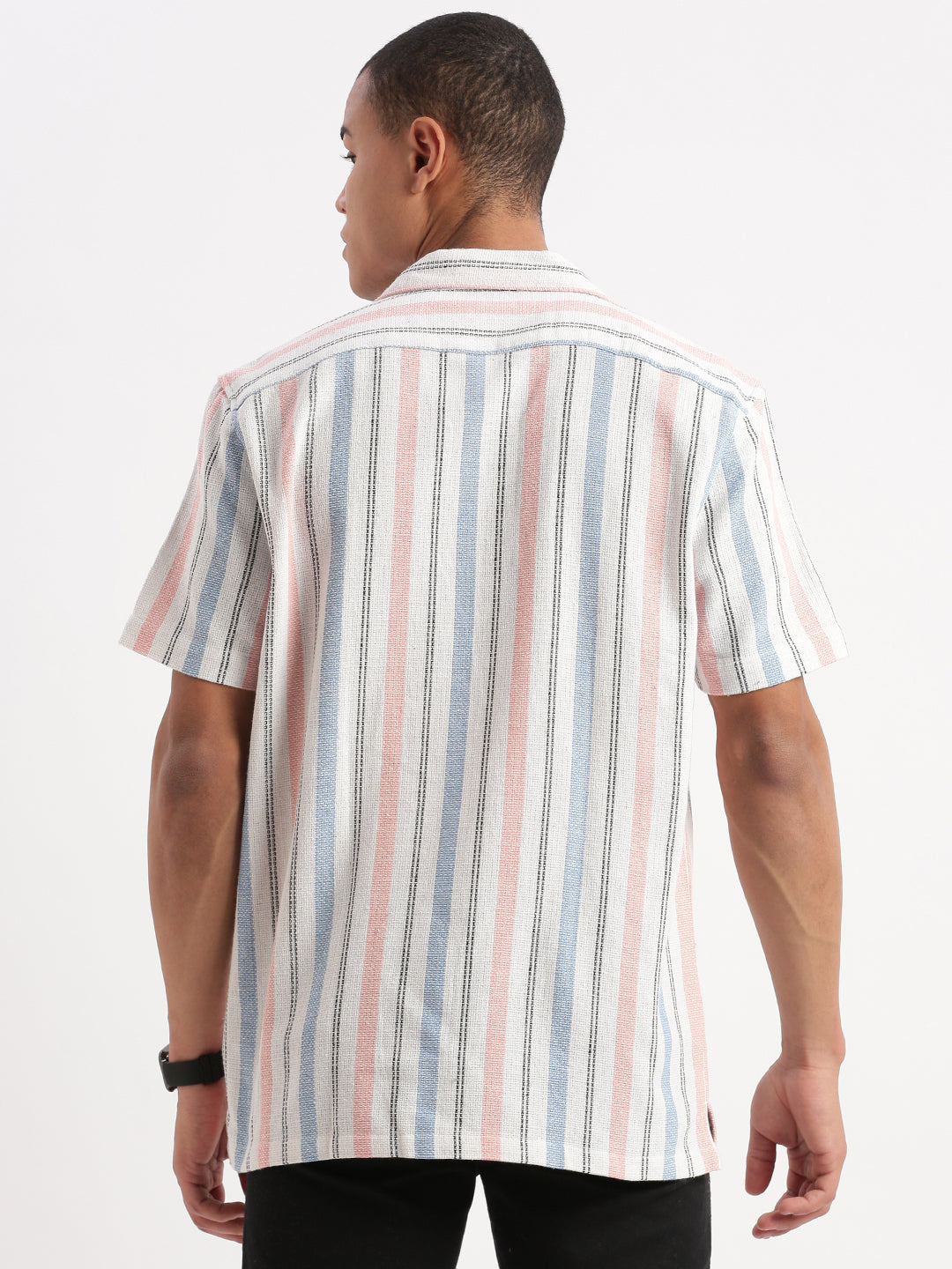 Men Cuban Collar Vertical Stripes White Shirt