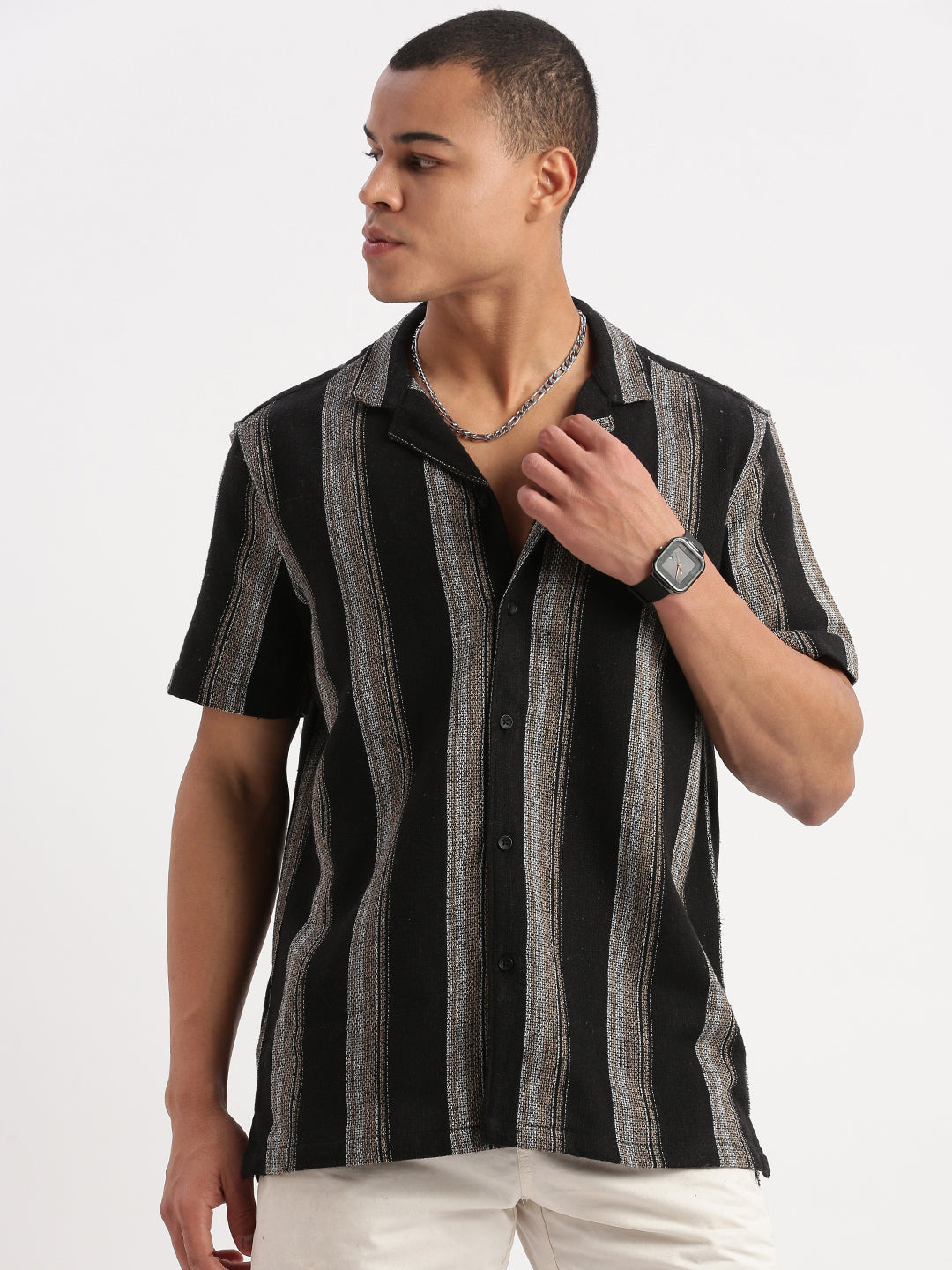 Men Cuban Collar Vertical Stripes Black Shirt