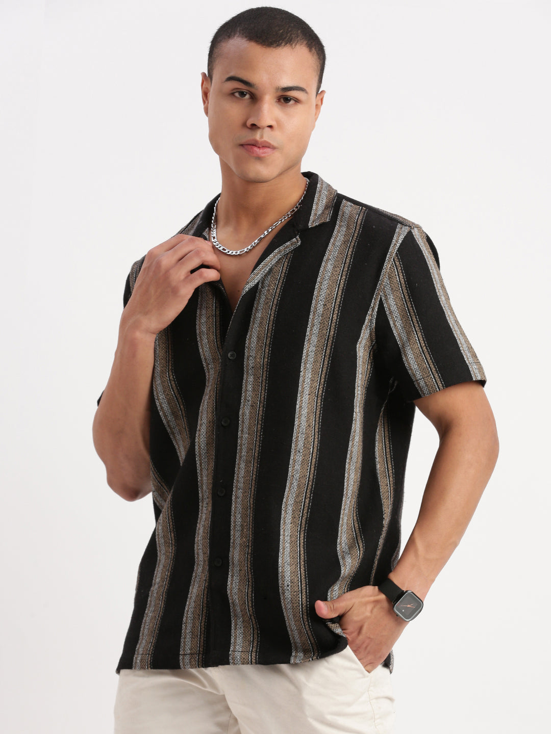 Men Cuban Collar Vertical Stripes Black Shirt