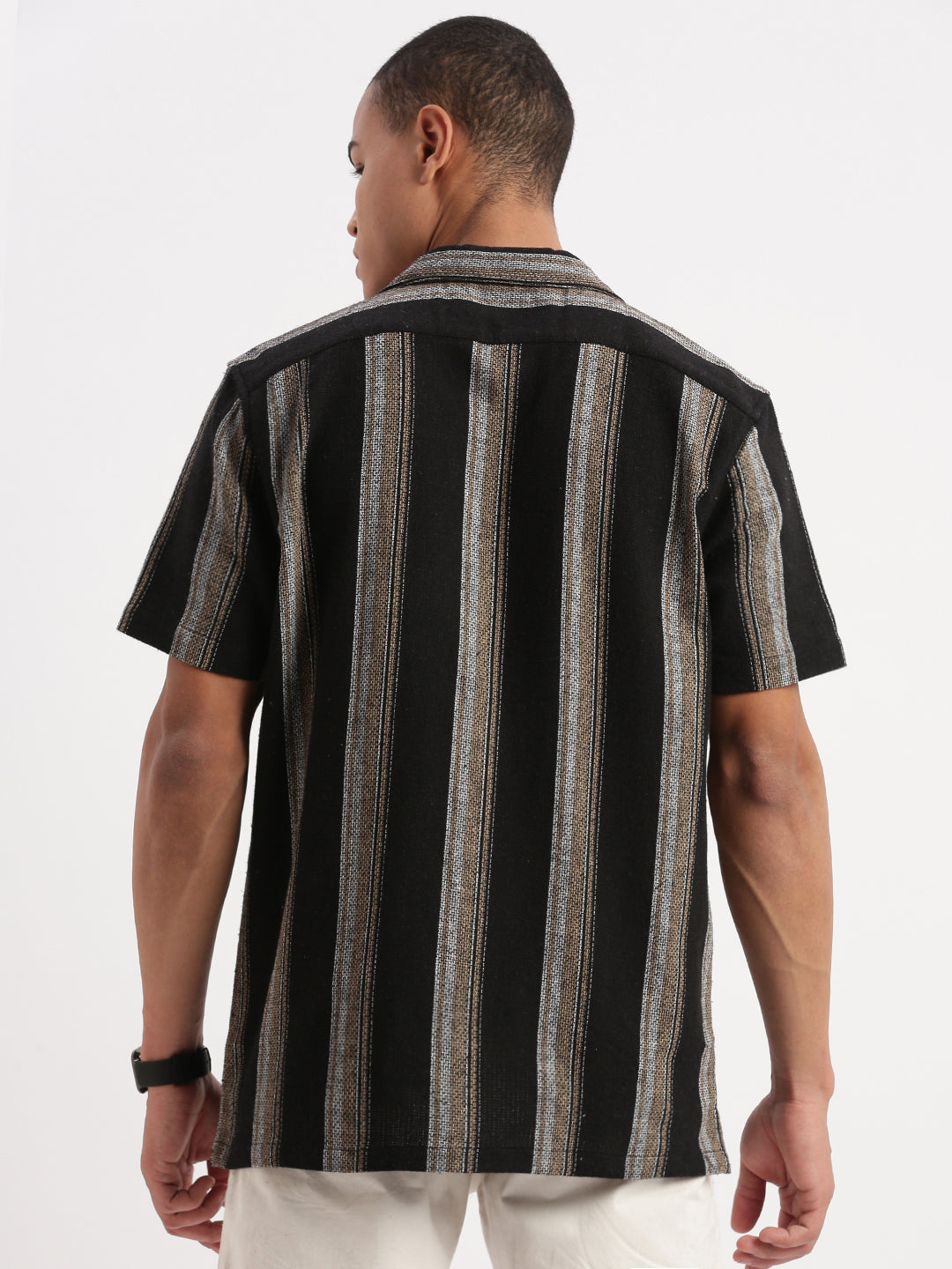 Men Cuban Collar Vertical Stripes Black Shirt