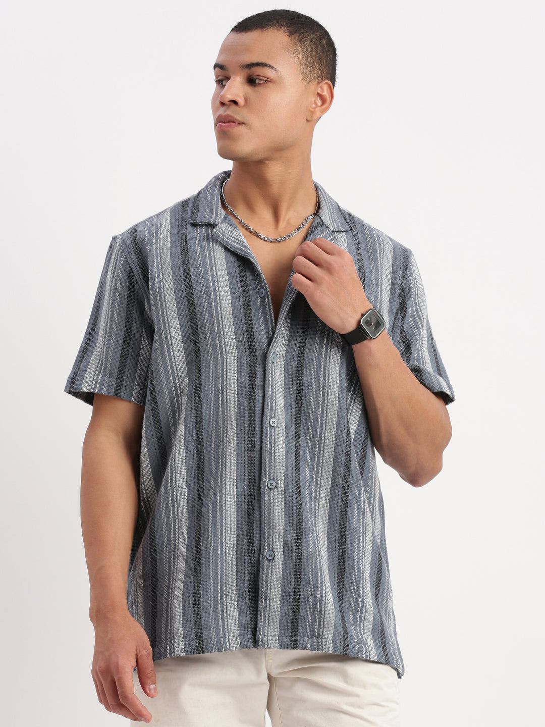 Men Cuban Collar Vertical Stripes Grey Shirt