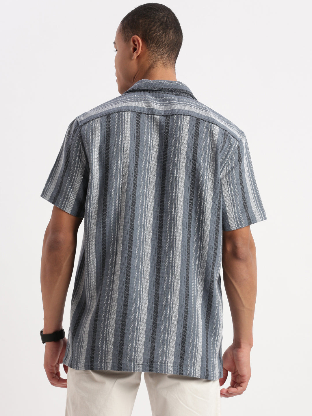 Men Cuban Collar Vertical Stripes Grey Shirt