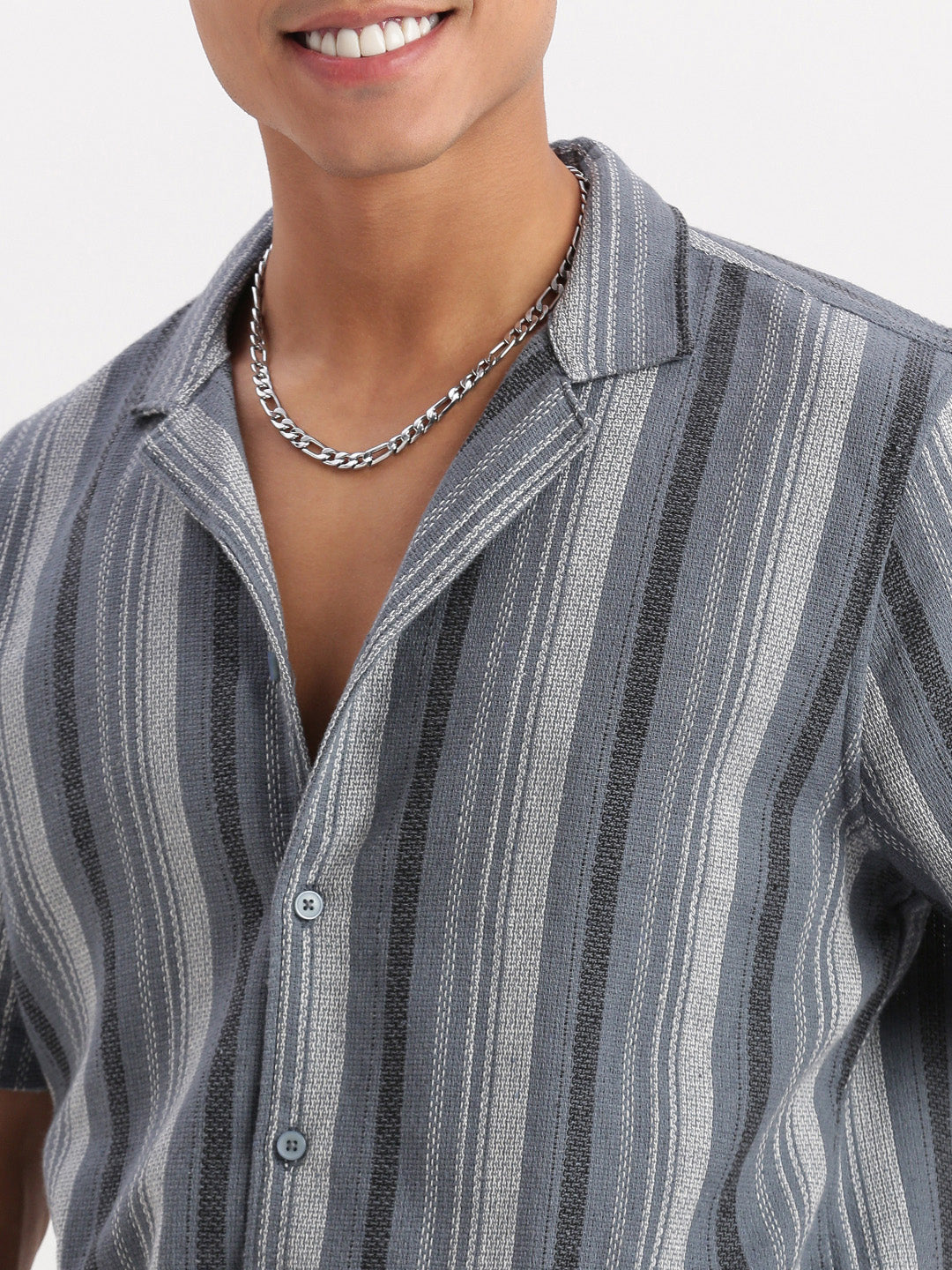 Men Cuban Collar Vertical Stripes Grey Shirt