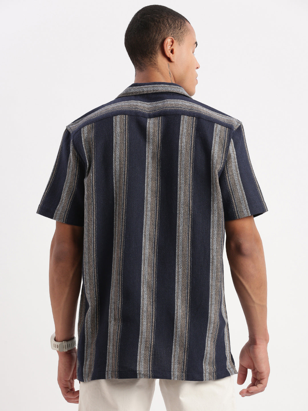 Men Cuban Collar Vertical Stripes Navy Blue Shirt