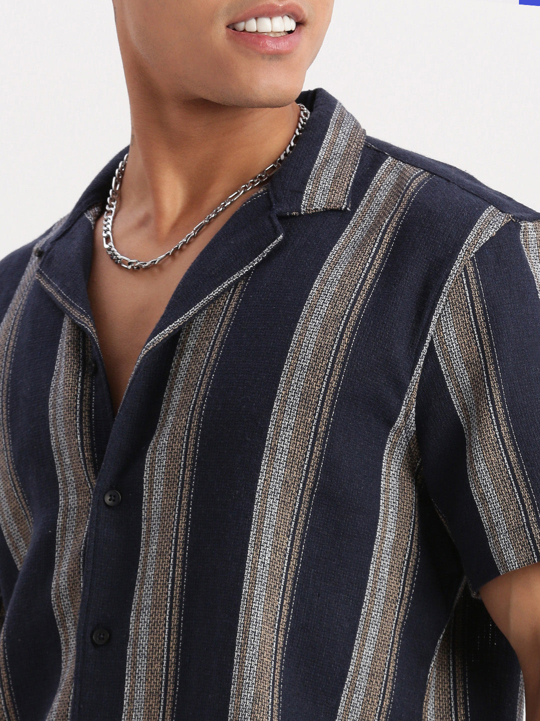 Men Cuban Collar Vertical Stripes Navy Blue Shirt