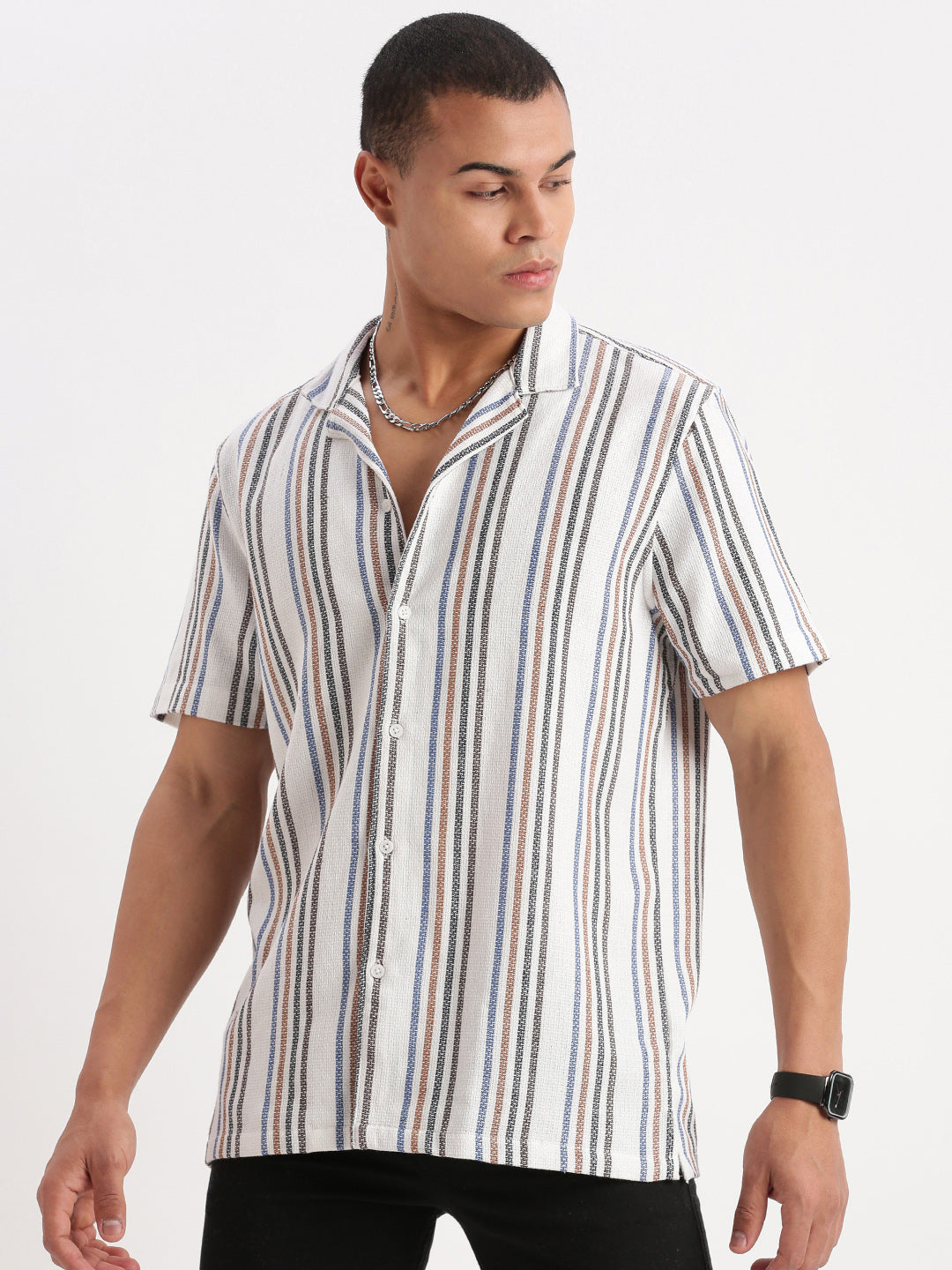 Men Cuban Collar Vertical Stripes White Shirt