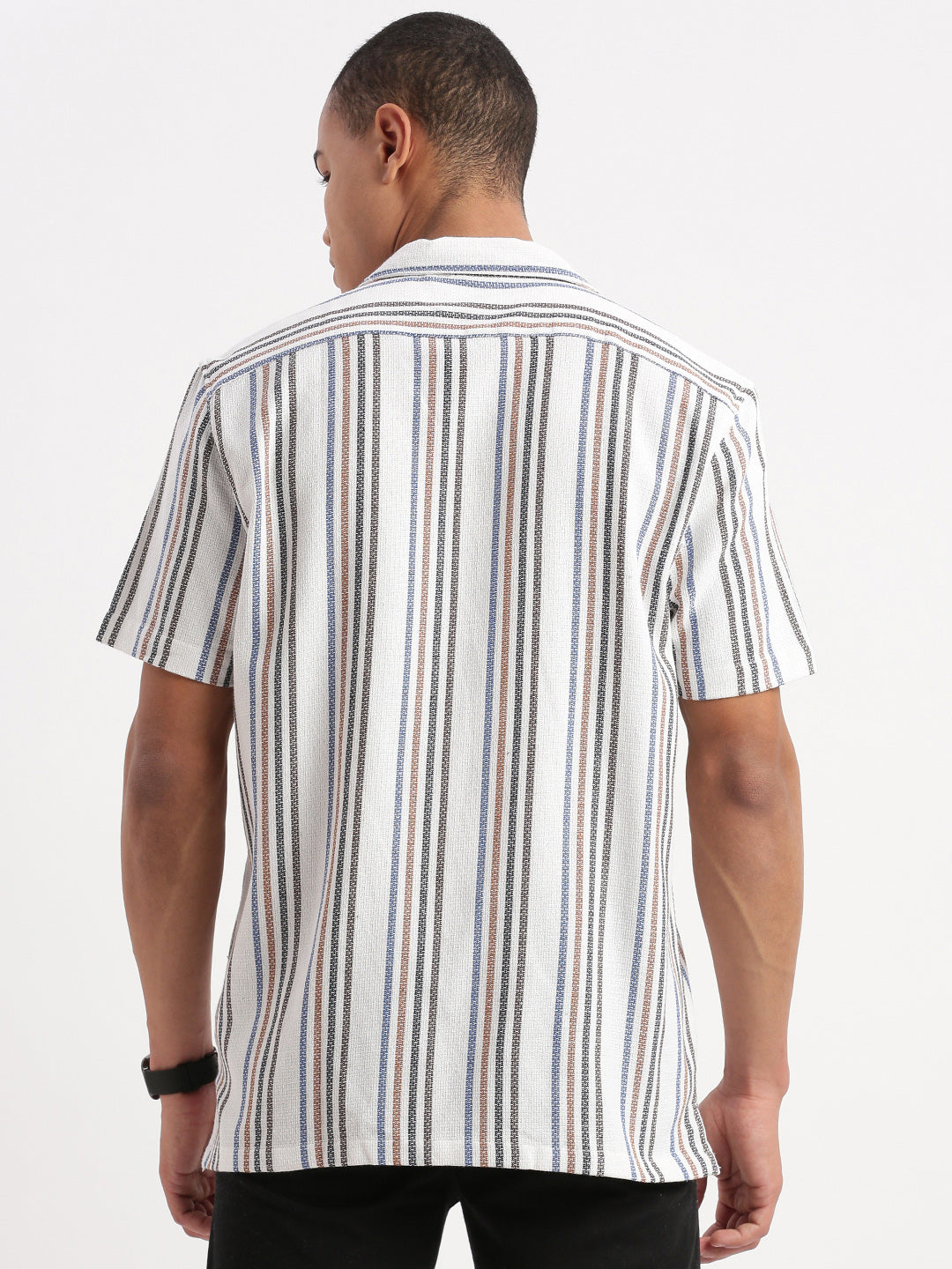 Men Cuban Collar Vertical Stripes White Shirt