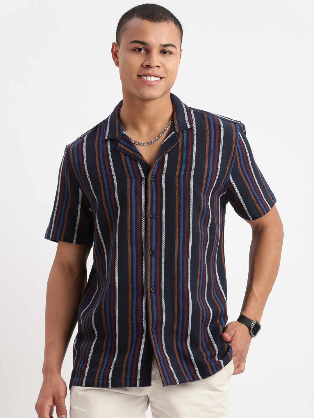 Men Cuban Collar Vertical Stripes Navy Blue Shirt