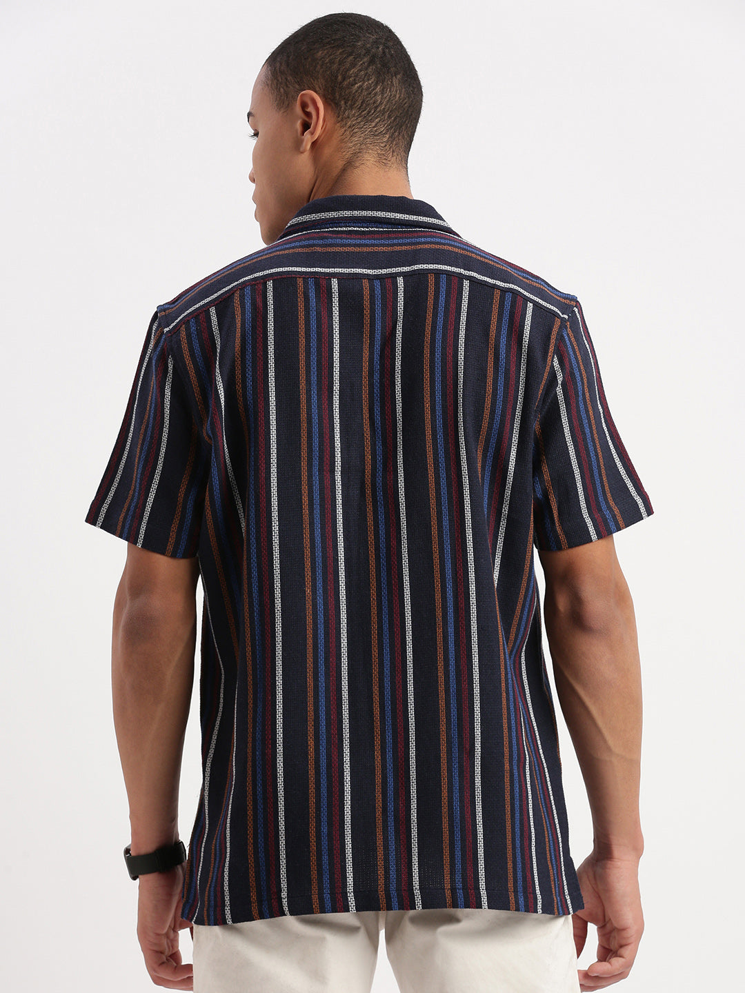 Men Cuban Collar Vertical Stripes Navy Blue Shirt