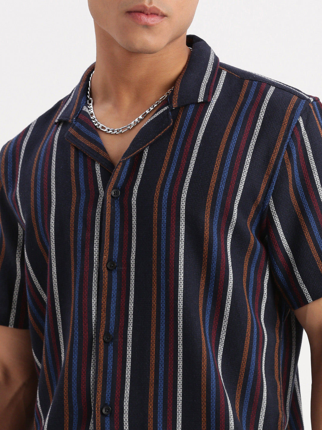 Men Cuban Collar Vertical Stripes Navy Blue Shirt