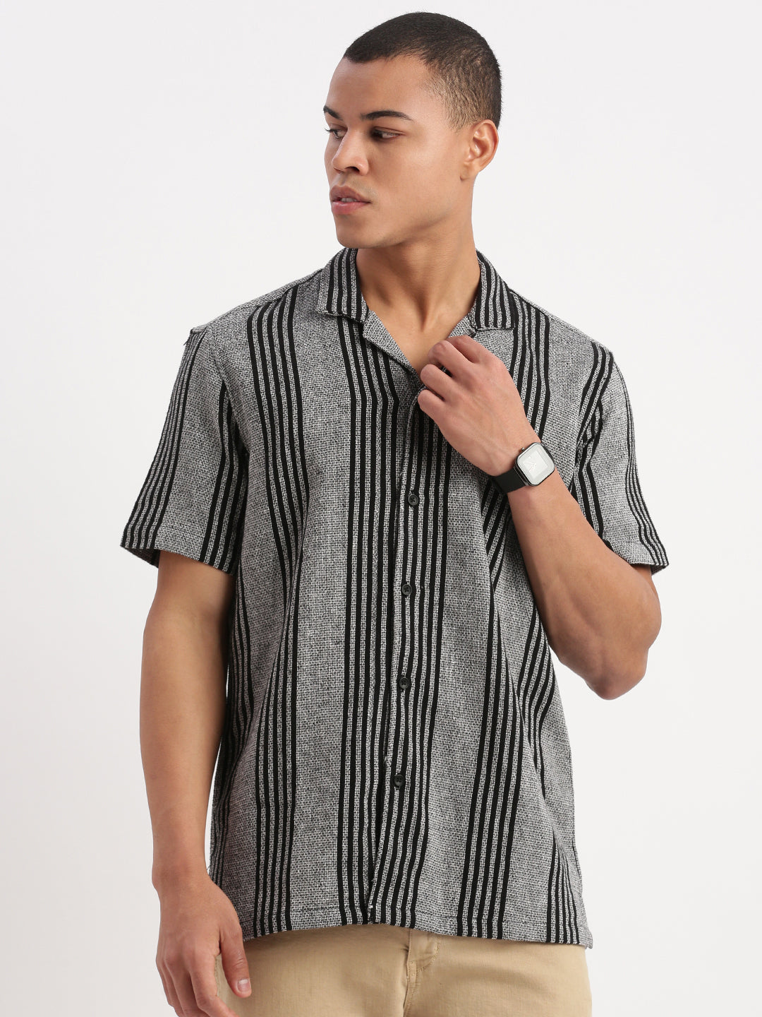 Men Cuban Collar Vertical Stripes Grey Shirt