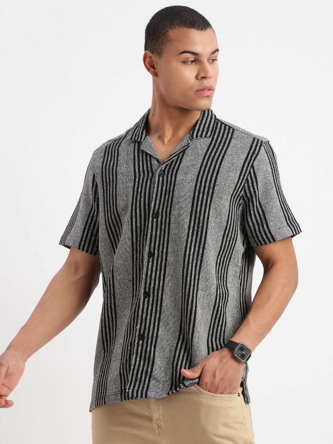 Men Cuban Collar Vertical Stripes Grey Shirt