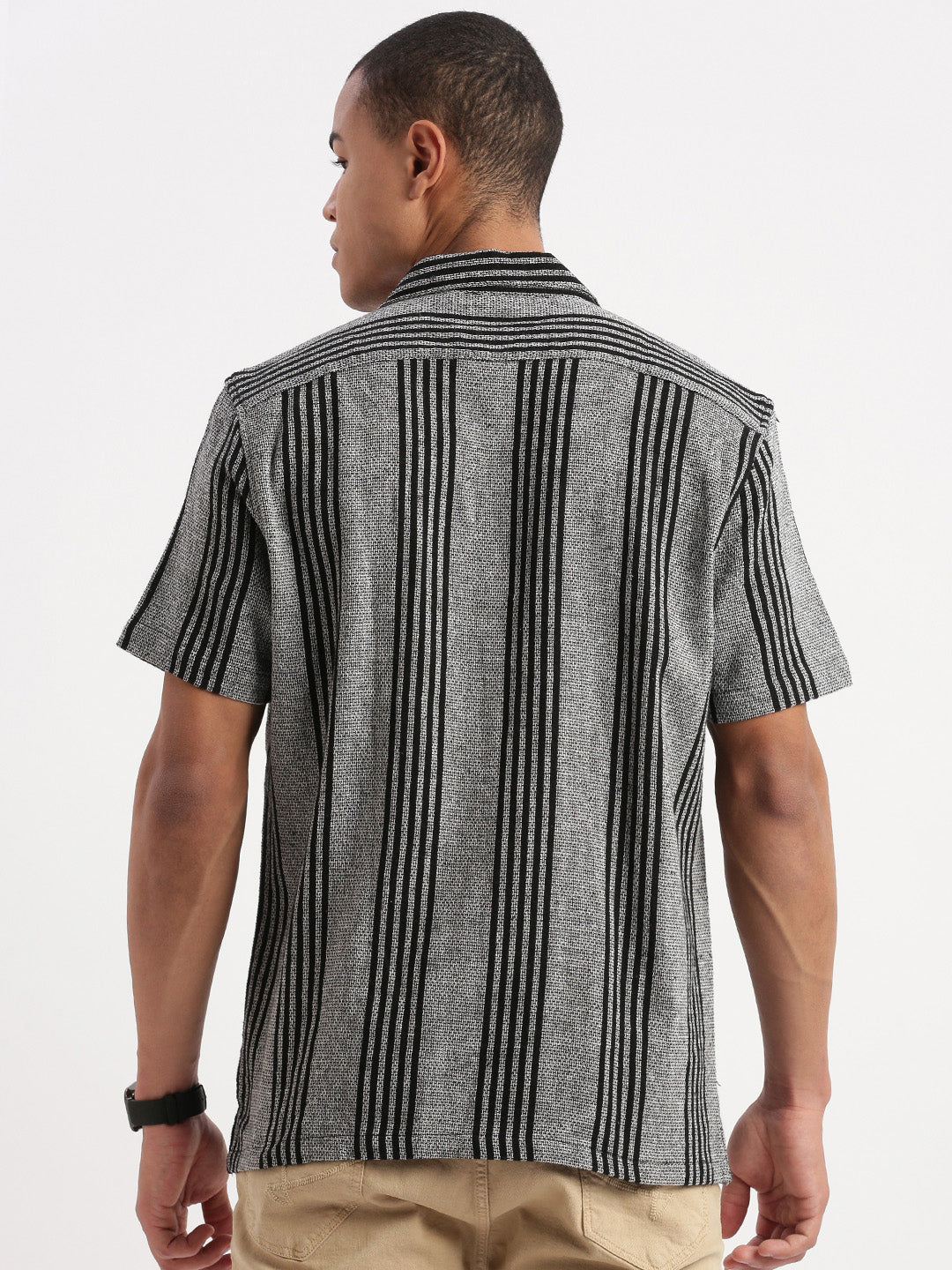 Men Cuban Collar Vertical Stripes Grey Shirt