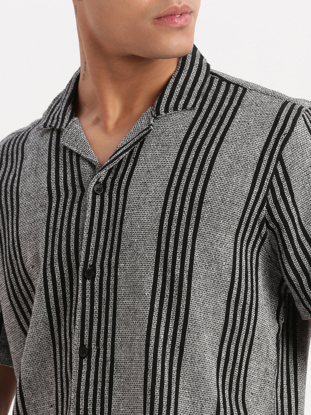 Men Cuban Collar Vertical Stripes Grey Shirt