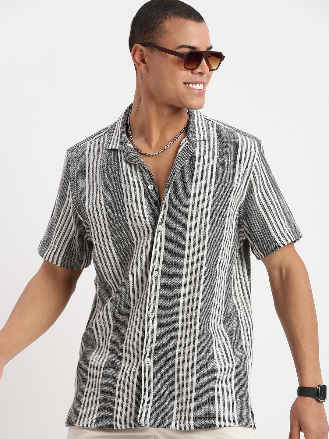 Men Cuban Collar Vertical Stripes Grey Shirt