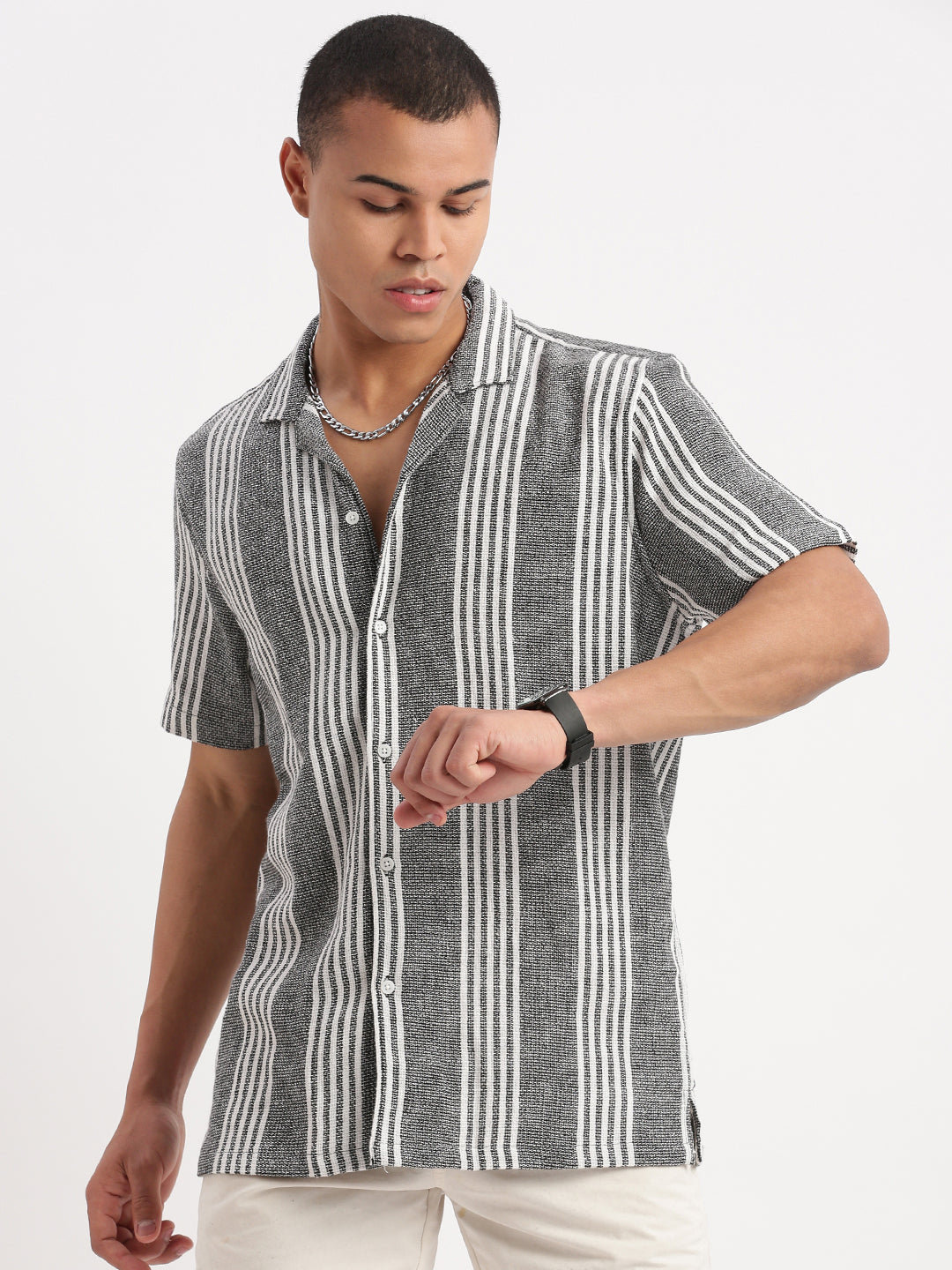 Men Cuban Collar Vertical Stripes Grey Shirt