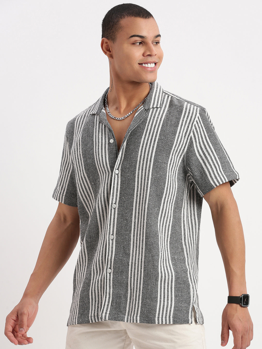 Men Cuban Collar Vertical Stripes Grey Shirt