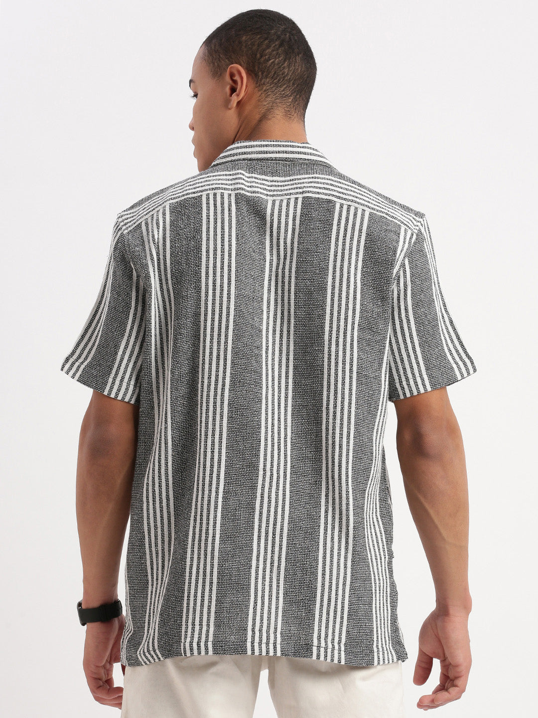 Men Cuban Collar Vertical Stripes Grey Shirt