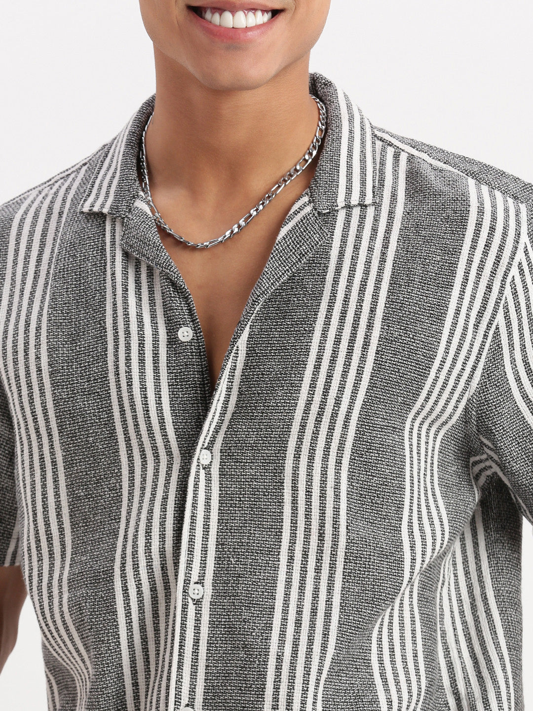 Men Cuban Collar Vertical Stripes Grey Shirt