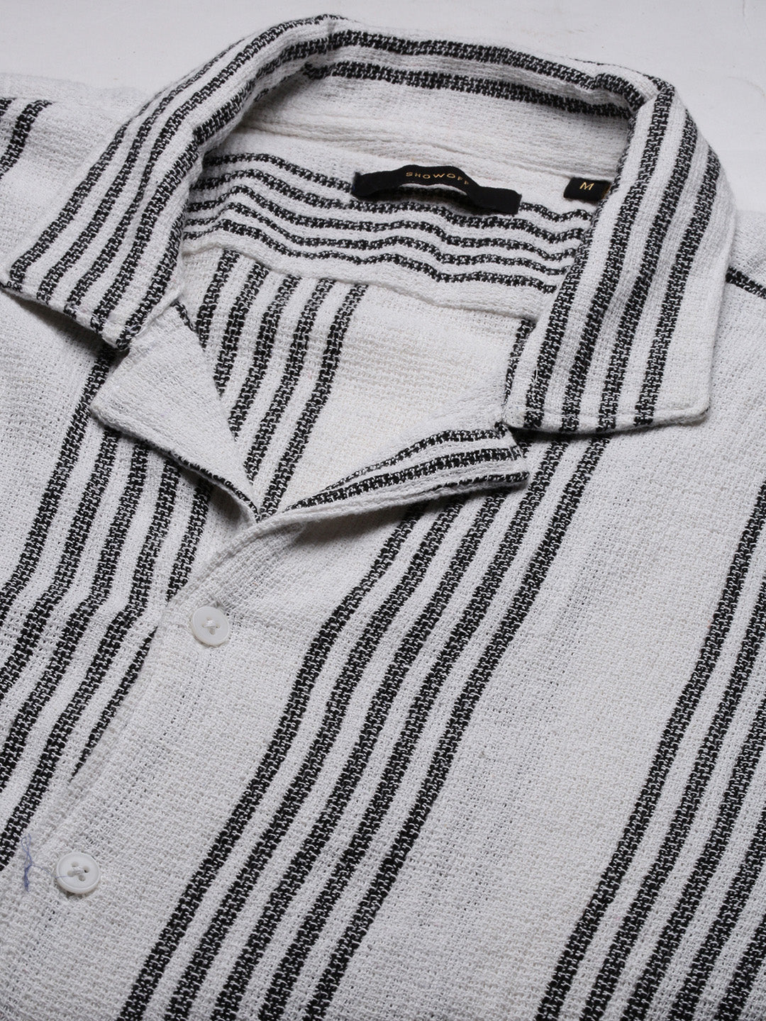 Men Cuban Collar Vertical Stripes White Shirt