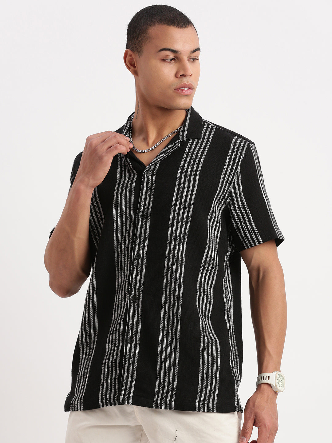 Men Cuban Collar Vertical Stripes Black Shirt