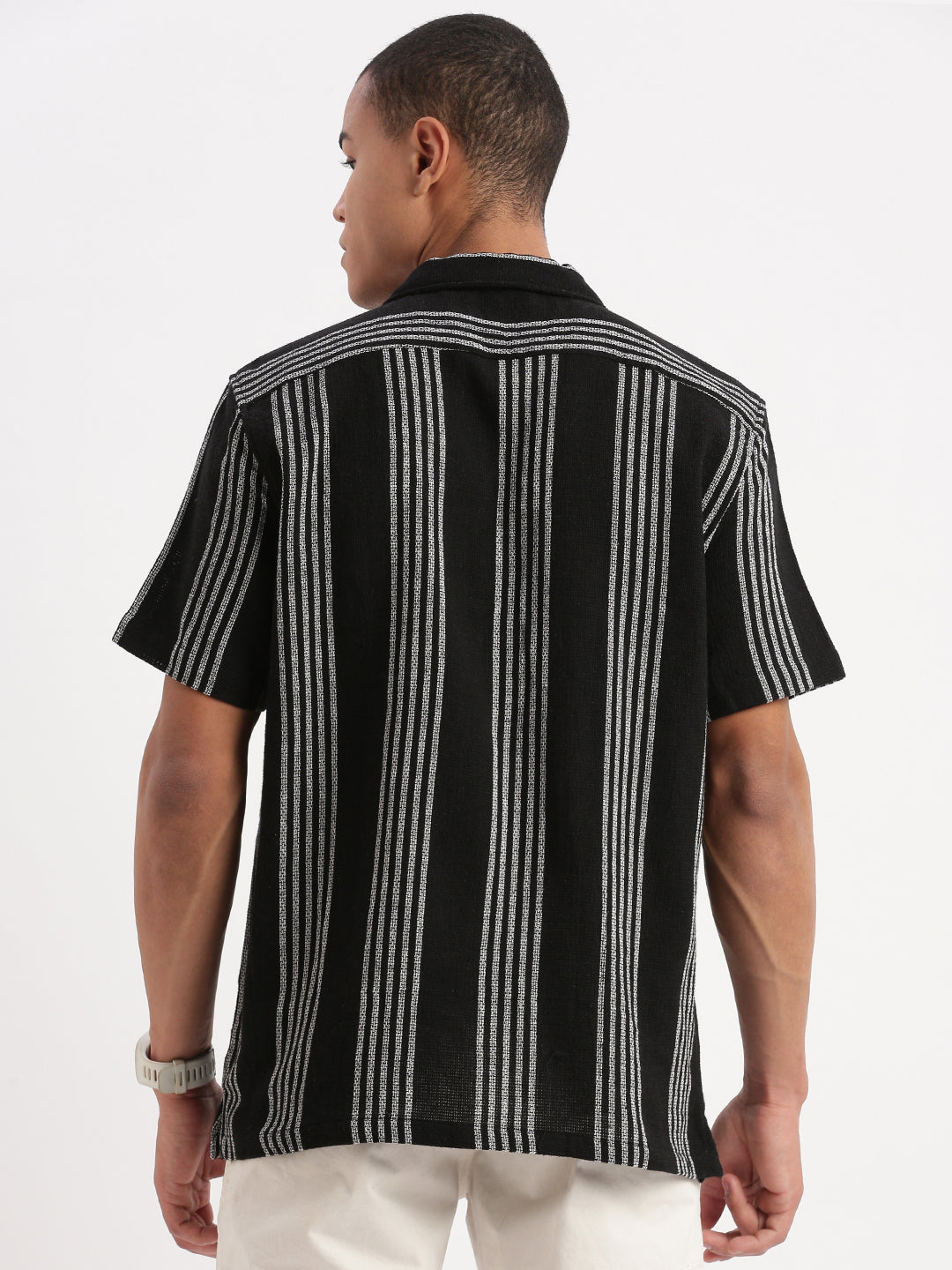 Men Cuban Collar Vertical Stripes Black Shirt