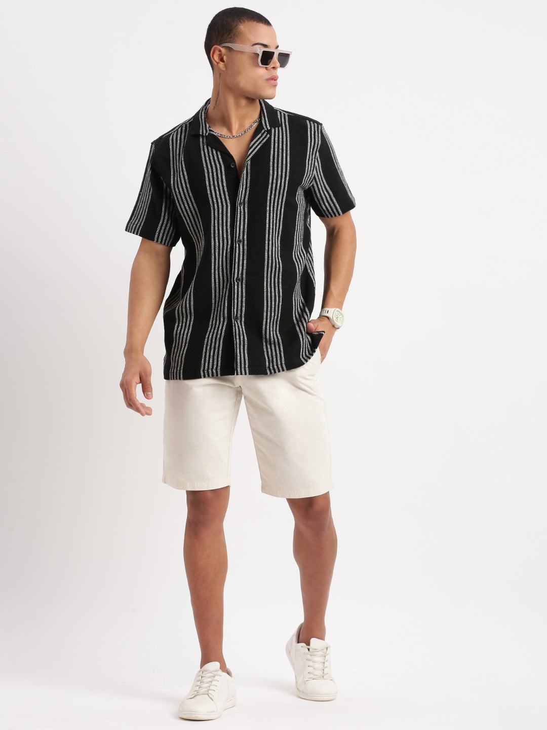 Men Cuban Collar Vertical Stripes Black Shirt