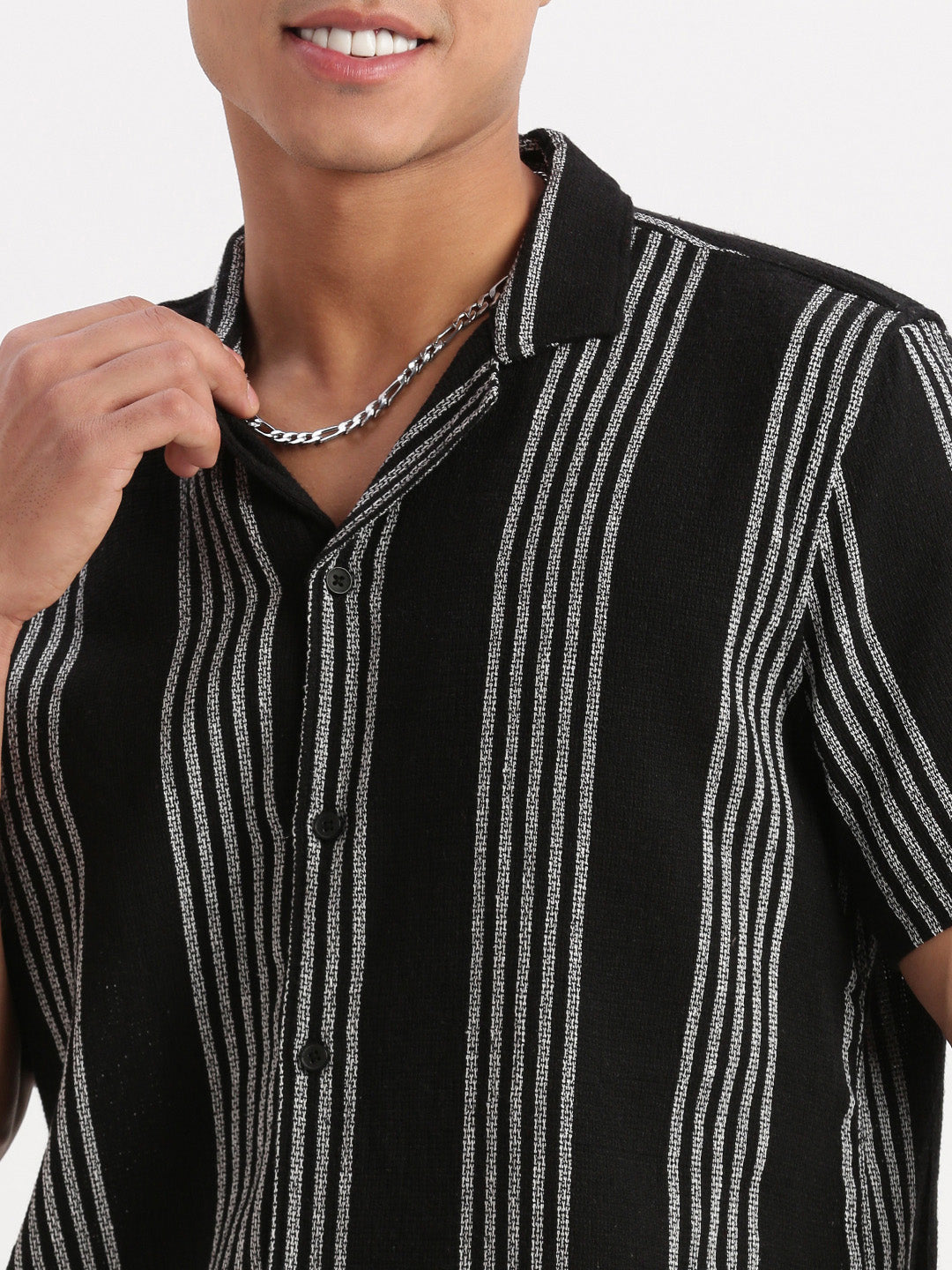 Men Cuban Collar Vertical Stripes Black Shirt