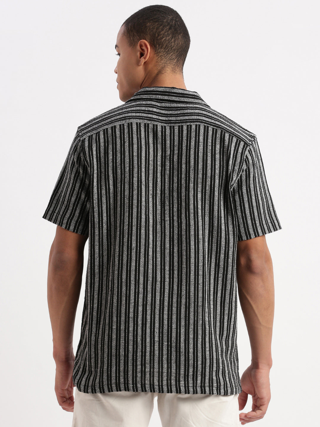 Men Cuban Collar Vertical Stripes Black Shirt