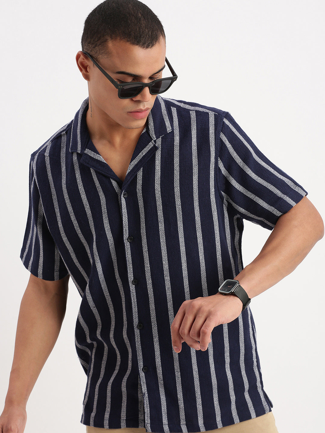 Men Cuban Collar Vertical Stripes Navy Blue Shirt