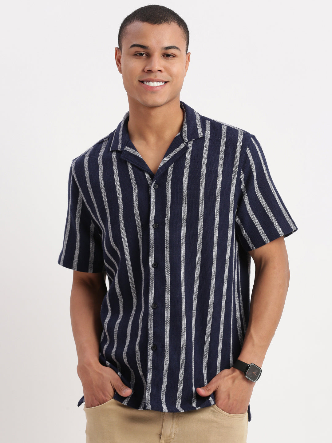 Men Cuban Collar Vertical Stripes Navy Blue Shirt