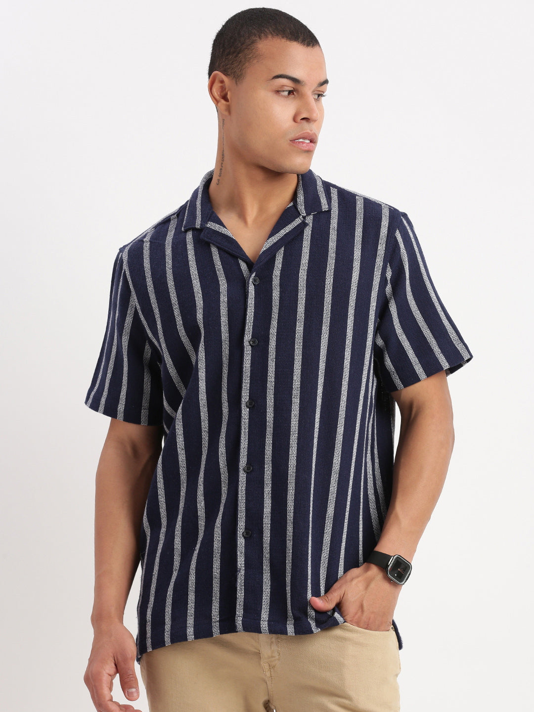 Men Cuban Collar Vertical Stripes Navy Blue Shirt