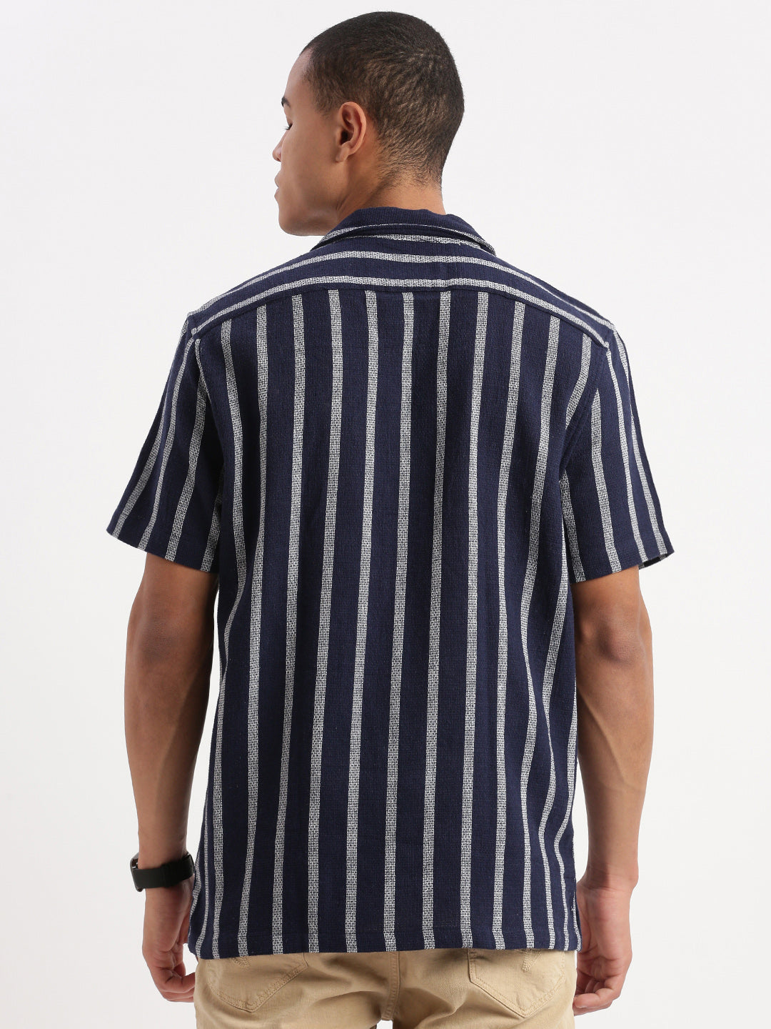 Men Cuban Collar Vertical Stripes Navy Blue Shirt